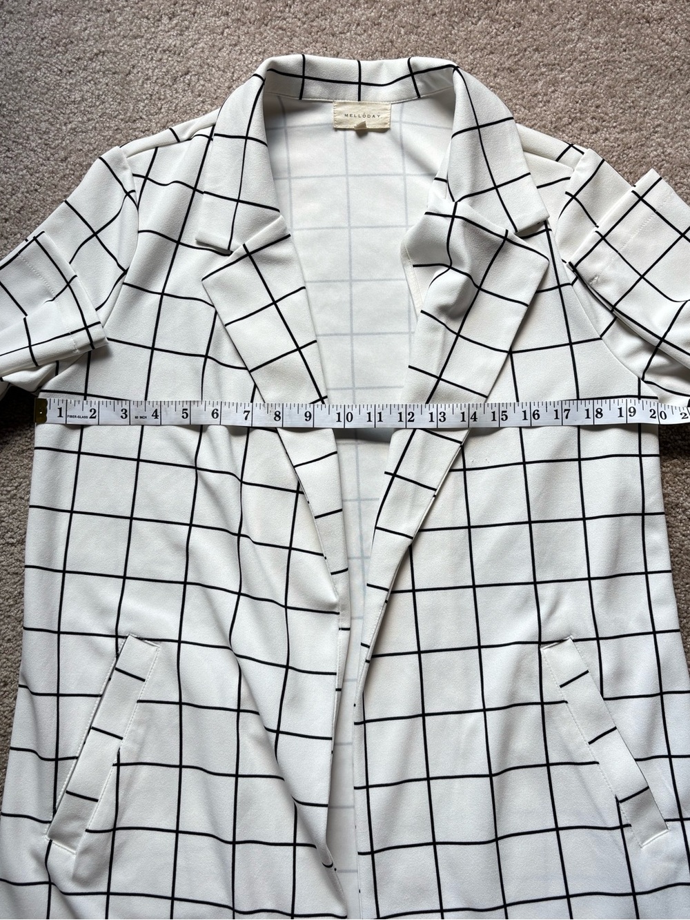 MELLODAY Black & Off White Plaid Long Trench Style Blazer - Picture 10 of 15